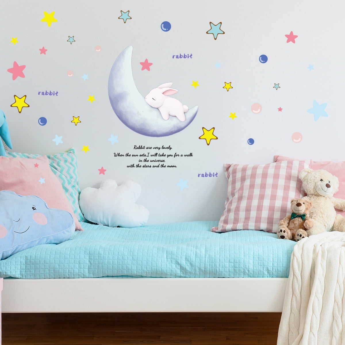 Cute Rabbit Watercolor Wall Decals - 17.3x25.6 Inch Removable Vinyl Stickers, Nursery Kids Room Decor