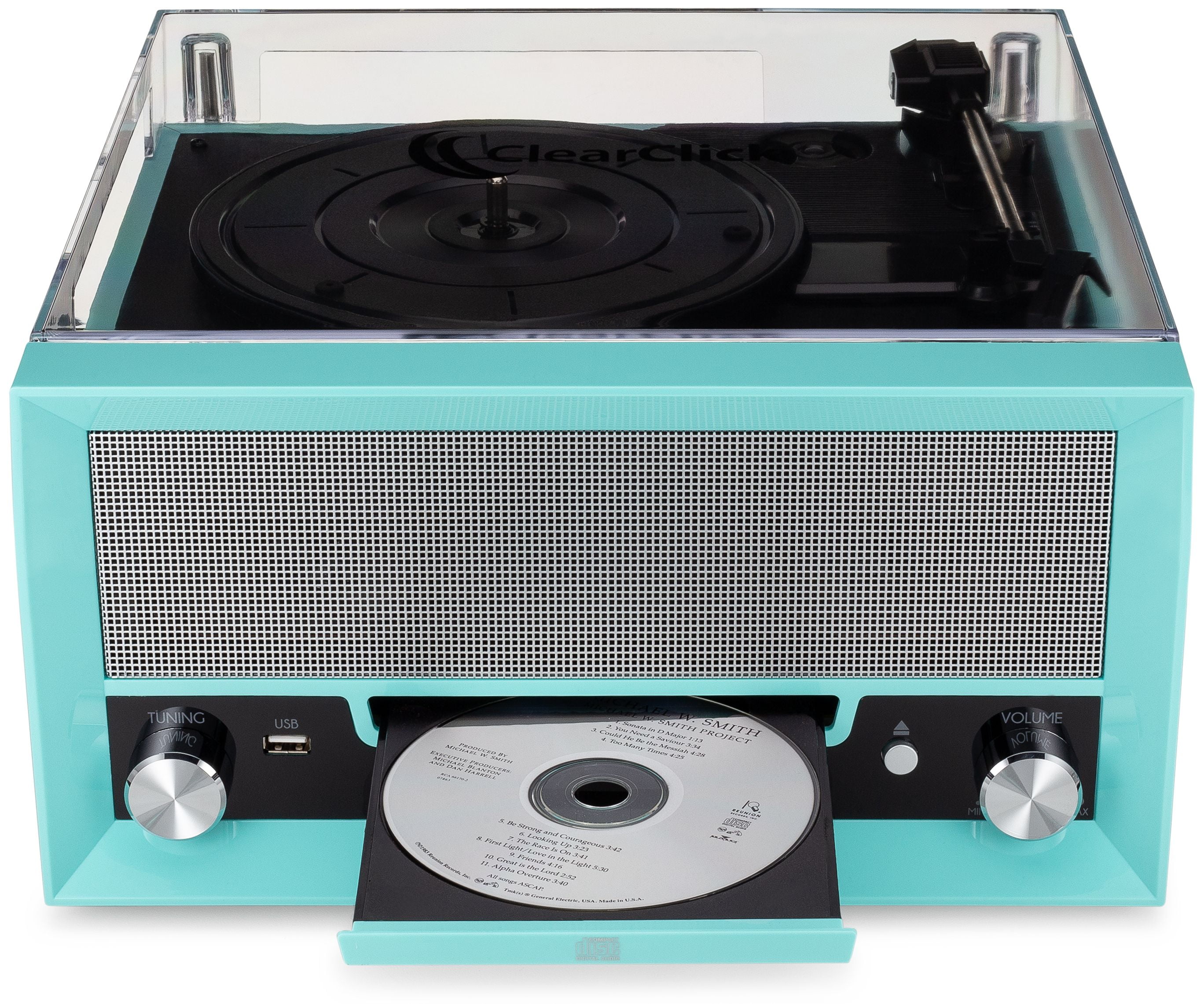 ClearClick All-in-One Turntable with 3-Speed Record Player, Bluetooth, CD,  Cassette Tape, AM/FM Radio, Aux, USB, Built-in Speakers, Handmade Wooden Ex 