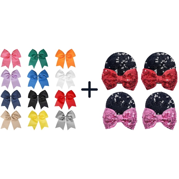 JoyBowie 12 4 Pack Large Cheer Bows & Sequin Minnie Ear Hair Clips, Elastic Ties for Girls
