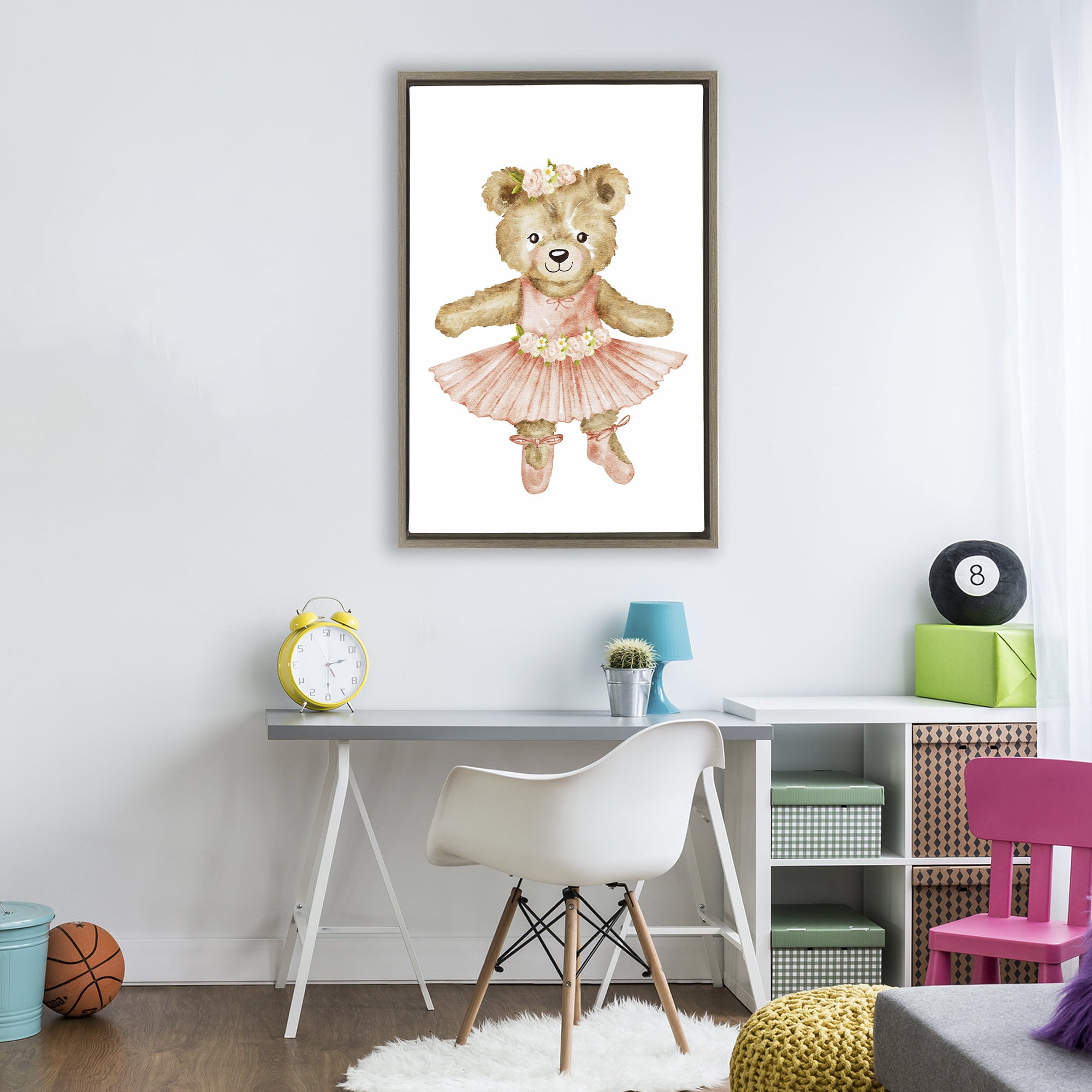 Floral Ballerina Teddy Bear Brown Framed Floater Canvas Wall Art, design by Amy Hall