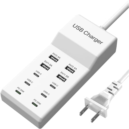 Desktop USB C Charging Station, 10 Port Multi-Device Charger with 6 USB-C & 4 USB-A, 50W Power, Universal Compatibility for Smartphones, Tablets, Watches, and Headphones