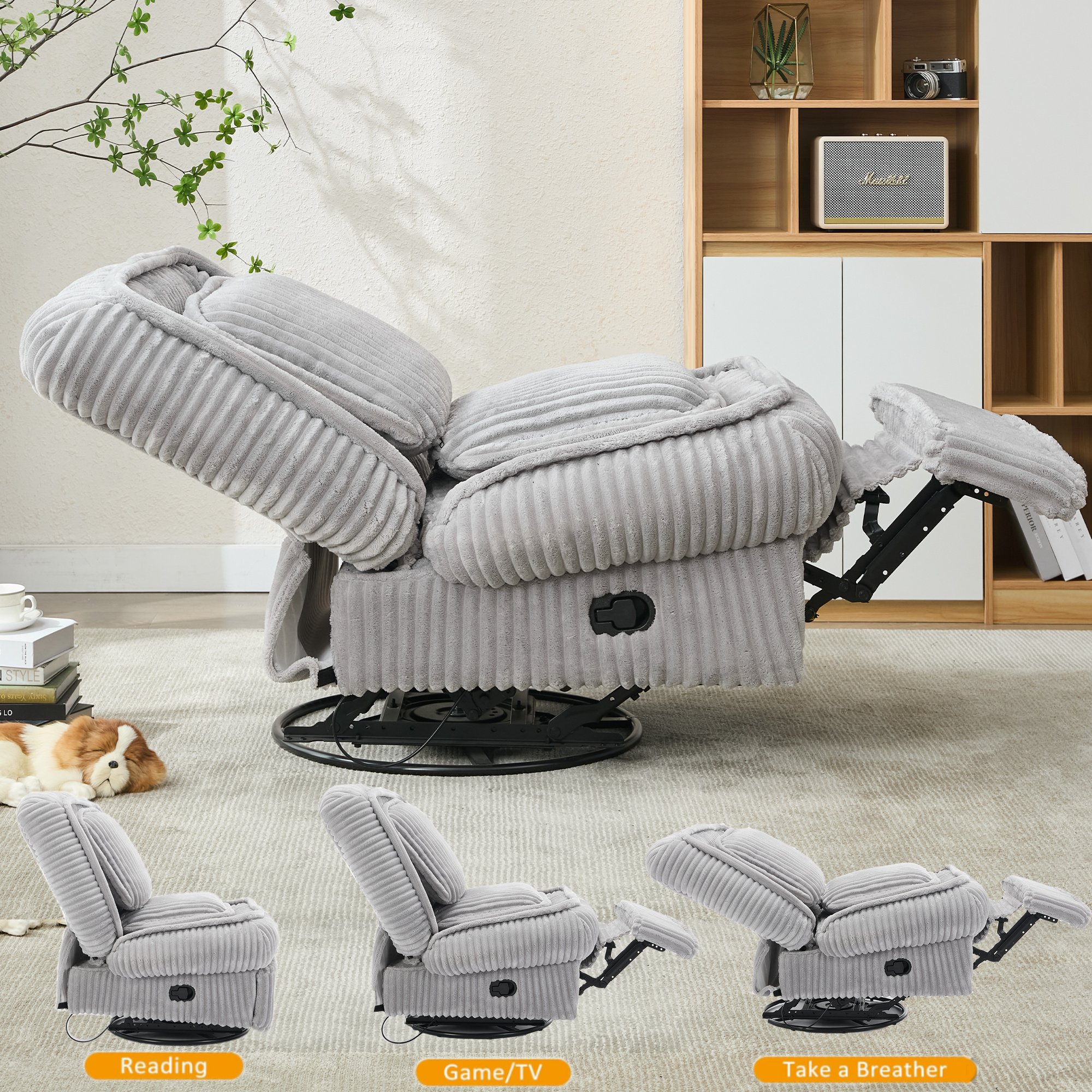 Aukfa Recliner Chair Swivel Rocker Glider with Deep Seat&Thick Pad for Living Room Nursery, Corduroy, Gray