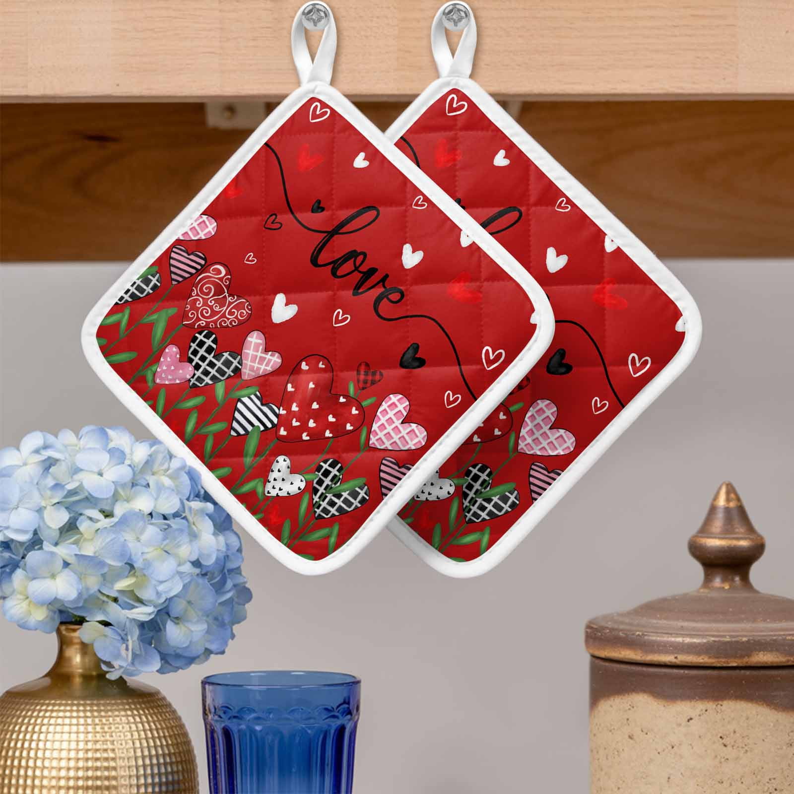 Red Love, Pot Holders for Kitchen Heatproof Potholder, 5 Pack Spring Valentine's Plant Dots Lattice Stripe Hot Pads Multipurpose Oven Pads Cloth Potholders Trivet for Cooking Baking