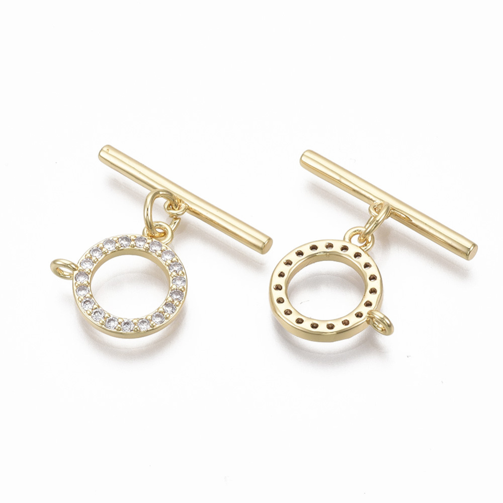 20 set Brass Micro Pave Clear Cubic Zirconia Toggle Clasps with Jump Rings Nickel Free Ring Real 18K golden Plated Total Length: 19mm Bar: 19x4x2mm Hole: 1.5mm Ring: 14.5x14.5x3mm Hole: 1.5mm