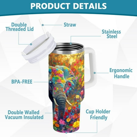 

YAZAOO Tumbler 40oz Insulated Stainless Creative Elephant Flowers Colorful Pattern Steel Water Bottles
