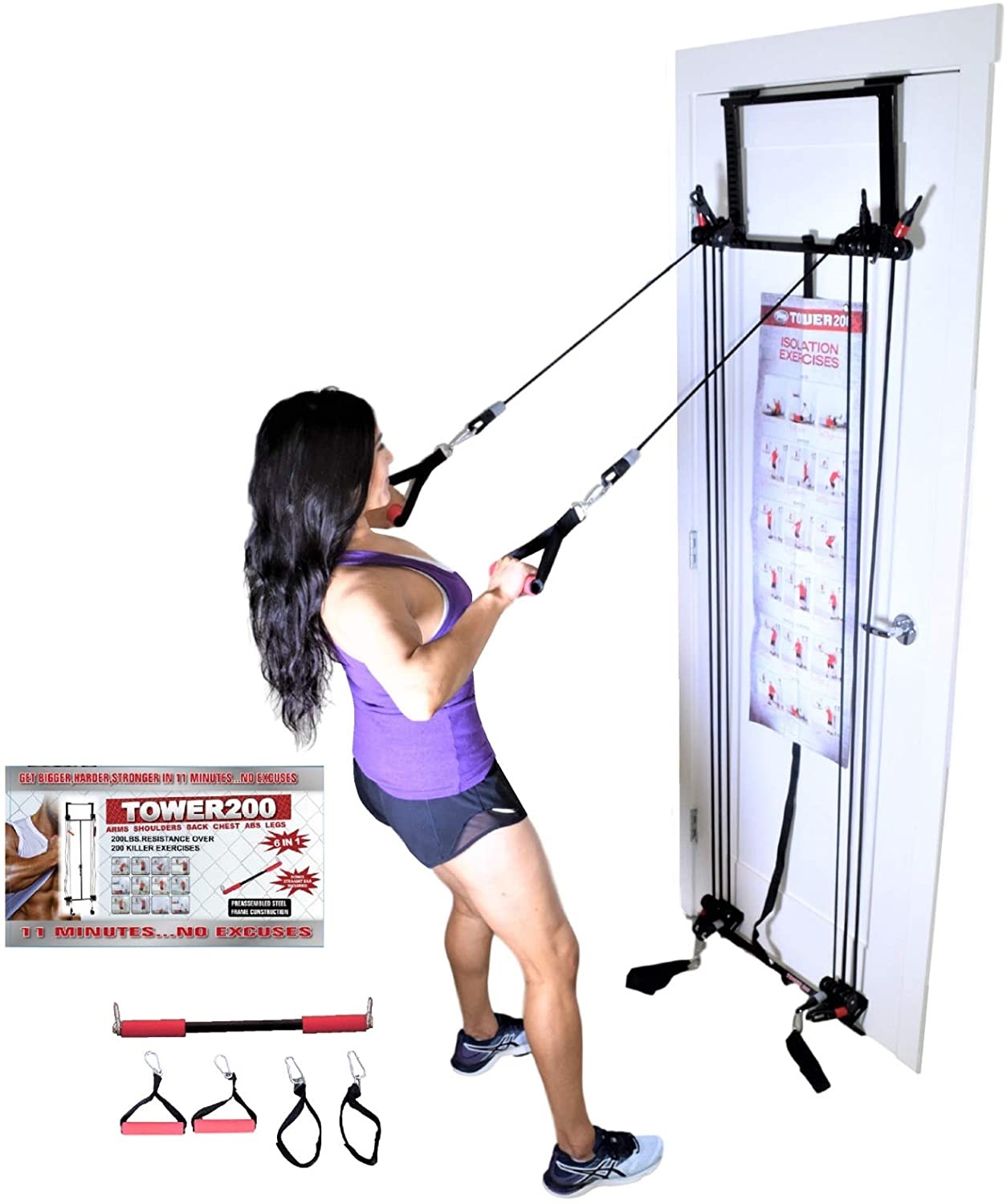 Tower 200 Door Gym Full Body Exercise Fitness Total Home Gym with 6'x2' Exercise Mat Workout System Strength Training with Straight Resistance Bar, DVD, Exercise Chart - image 2 of 13