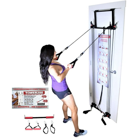 Tower 200 Complete Door Gym Full Body Workout, Doorway Multifunction Home Gym Fitness Exercise Strength Training System, Heavy Duty Resistance Bands, Straight Bar, 2x Hand Grips, 2x Ankles Straps, DVD