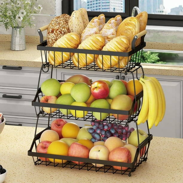 Cesta de Fruta de Metal de 3 Niveles, Cesta de Almacenamiento de Frutas de 3 Niveles con Asa, Frutero de Cocina para Almacenar Verduras y Frutas