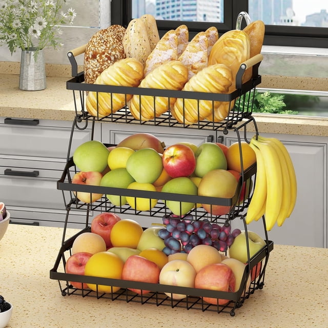 Cesta de Fruta de Metal de 3 Niveles, Cesta de Almacenamiento de Frutas de 3 Niveles con Asa, Frutero de Cocina para Almacenar Verduras y Frutas