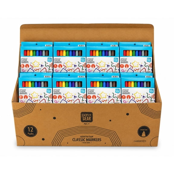 Pen+Gear 12 Set Bulk Pack, Classic Markers, Broad Tip, Assorted Colors, 10 Count, 12 Sets of Classic Markers in one Box.