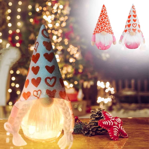 Muñeca gnoma de San Valentín con luces LED y corazón - Decoración de tela suave para casa, escritorio, repisa - Regalo artesanal para familia y amigos