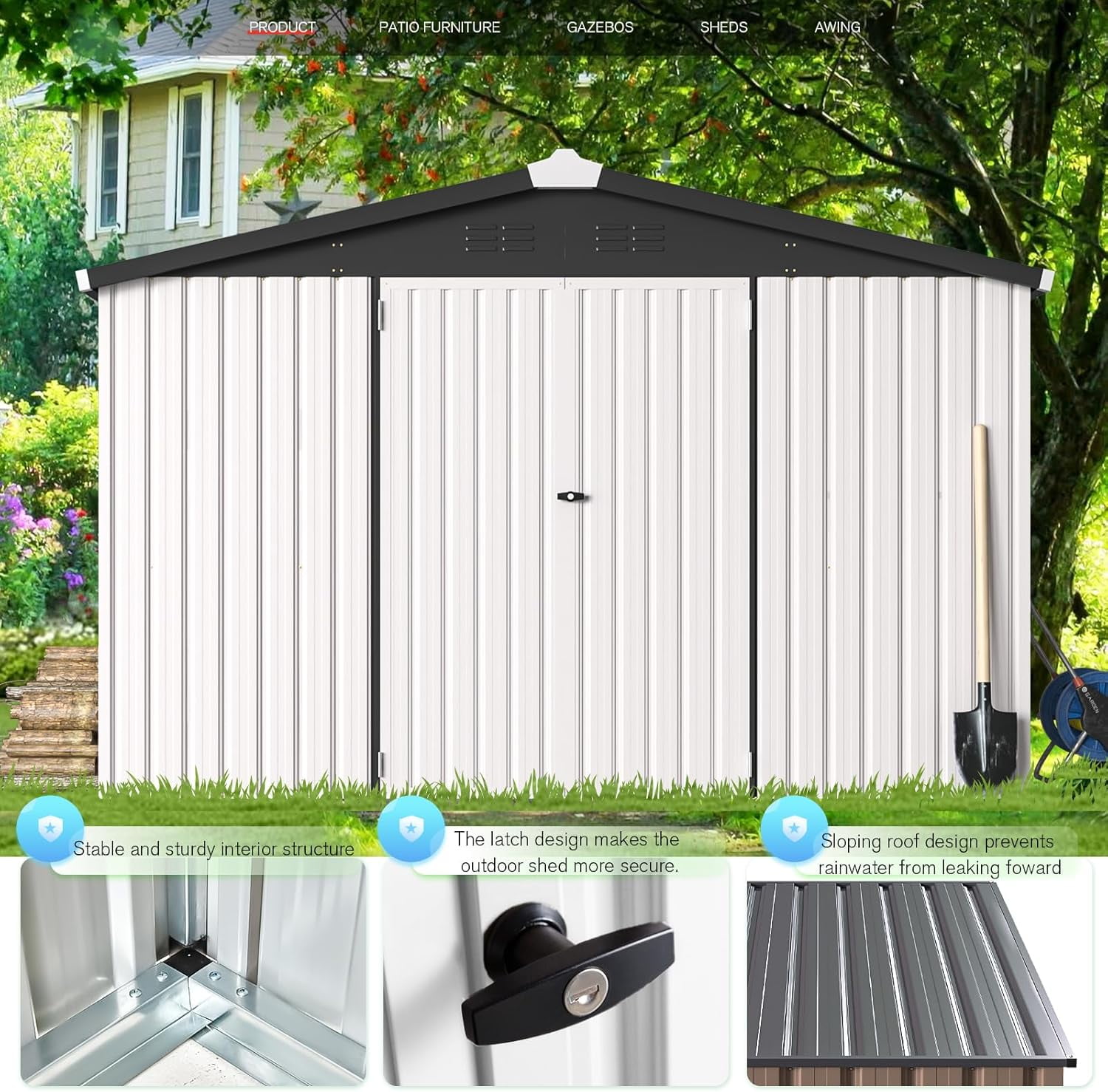 YODOLLA 10' x 14' Outdoor Storage Shed with Lockable Door Patio Metal Garden Storage Building in White for Outside