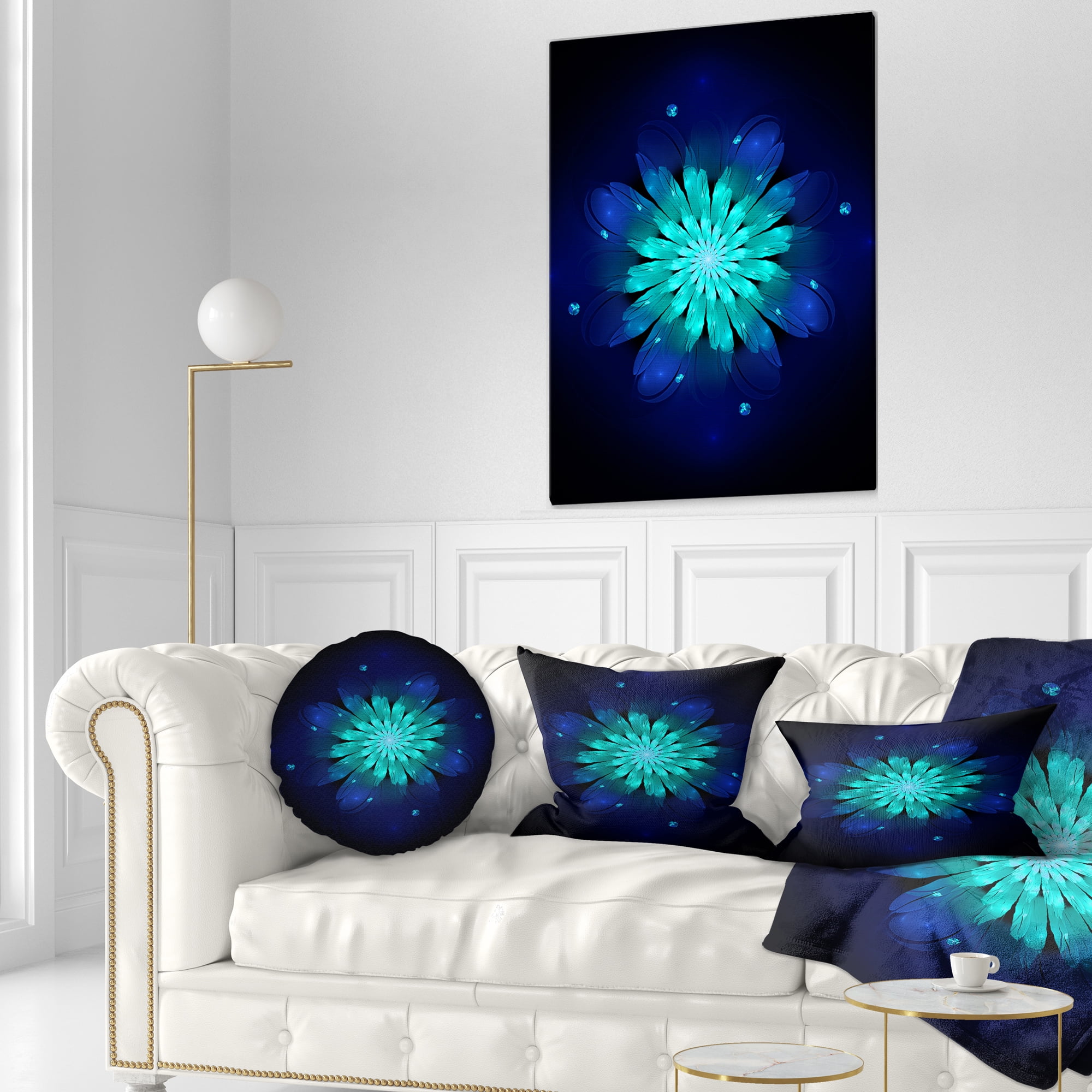 Designart Fractal Flower Blue N Turquoise - Floral Throw Pillow - 12x20