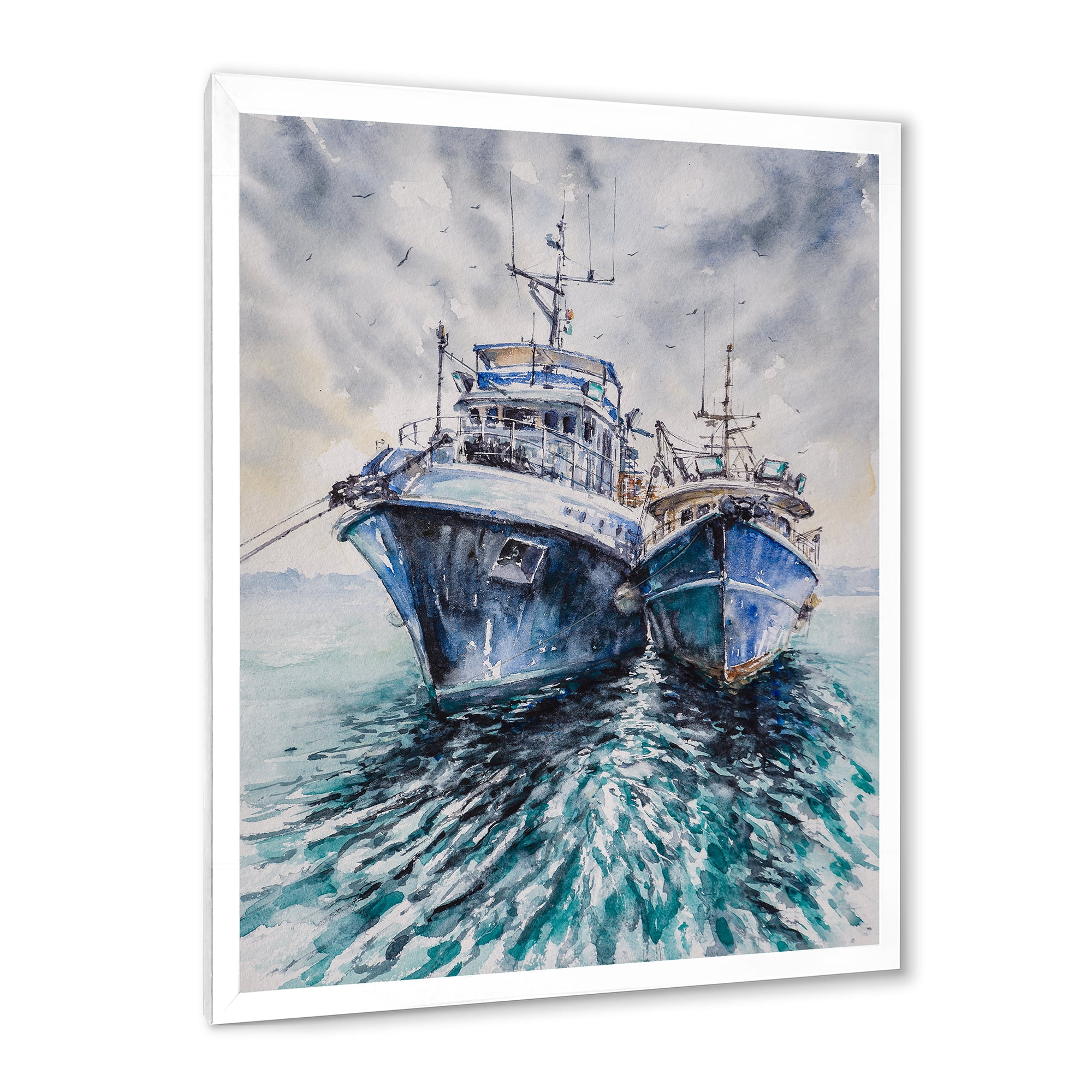 Designart 'Blue Fishing Boats Before A Storm Anchored' Nautical & Coastal Framed Art Print