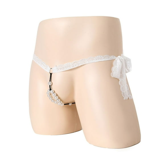 BLTIBY Womens Mens Low Waisted Erotic Brief V-shape Lace Panties Unisex Pearls Stretch Breathable Underpants White Free Size