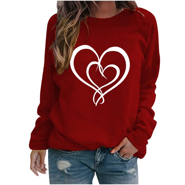 yoeyez Chandail de la Saint-Valentin pour Femmes, T-Shirts à Imprimé Cœur d'Amour, Haut Décontracté à Manches Longues, Chandail à Enfiler, Adolescentes, Col Ras du Cou, T-Shirt Graphique Drôle pour la Saint-Valentin, Vin G