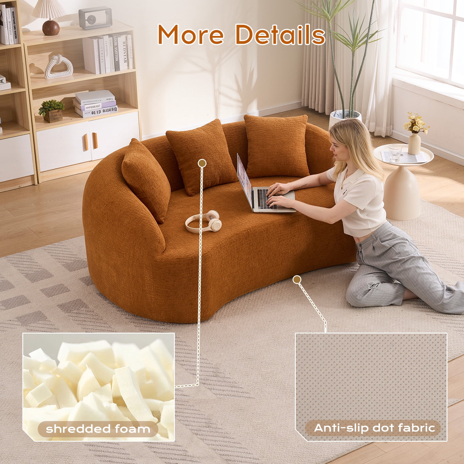 Lunale 66" Curved Sofa, 2 Seater Chenille Boneless Couch for Living Room, Orange