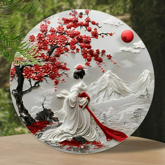 1pc, 2D Flat Print, Round Aluminum Sign Wall art, Vintage Metal Sign, Japanese kimono Woman Themed, for Bar Kitchen Coffee home room living room office decor, party decor, Halloween Gifts, 8x8 Inch