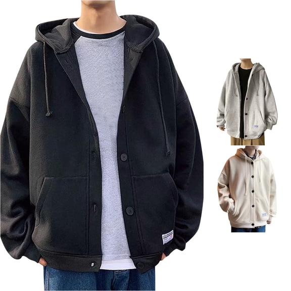 Zylarhe Sweatshirt for Men Mens Hooded Oversize Plush Loose Cardigan Sweater with Cozy Plush Lining for Extra Warmth Black L