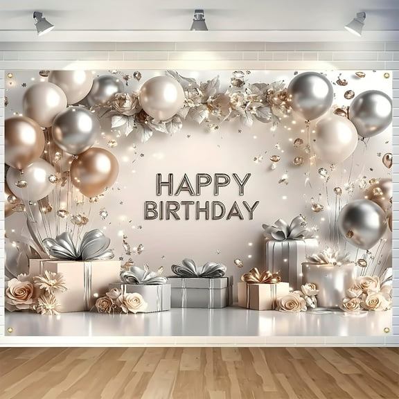 Happy Birthday Banner Sparkling Silver Balloons with Floral Gifts Birthday Party Celebration Decorations 16th 18th 21st 30th 40th 50th 60th Birthday Party Backdrop Decoration Supplies