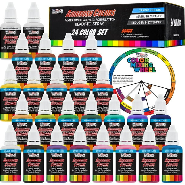 24 Color 1oz Super Starter Airbrush Acrylic Paint Set Cleaner Thinner