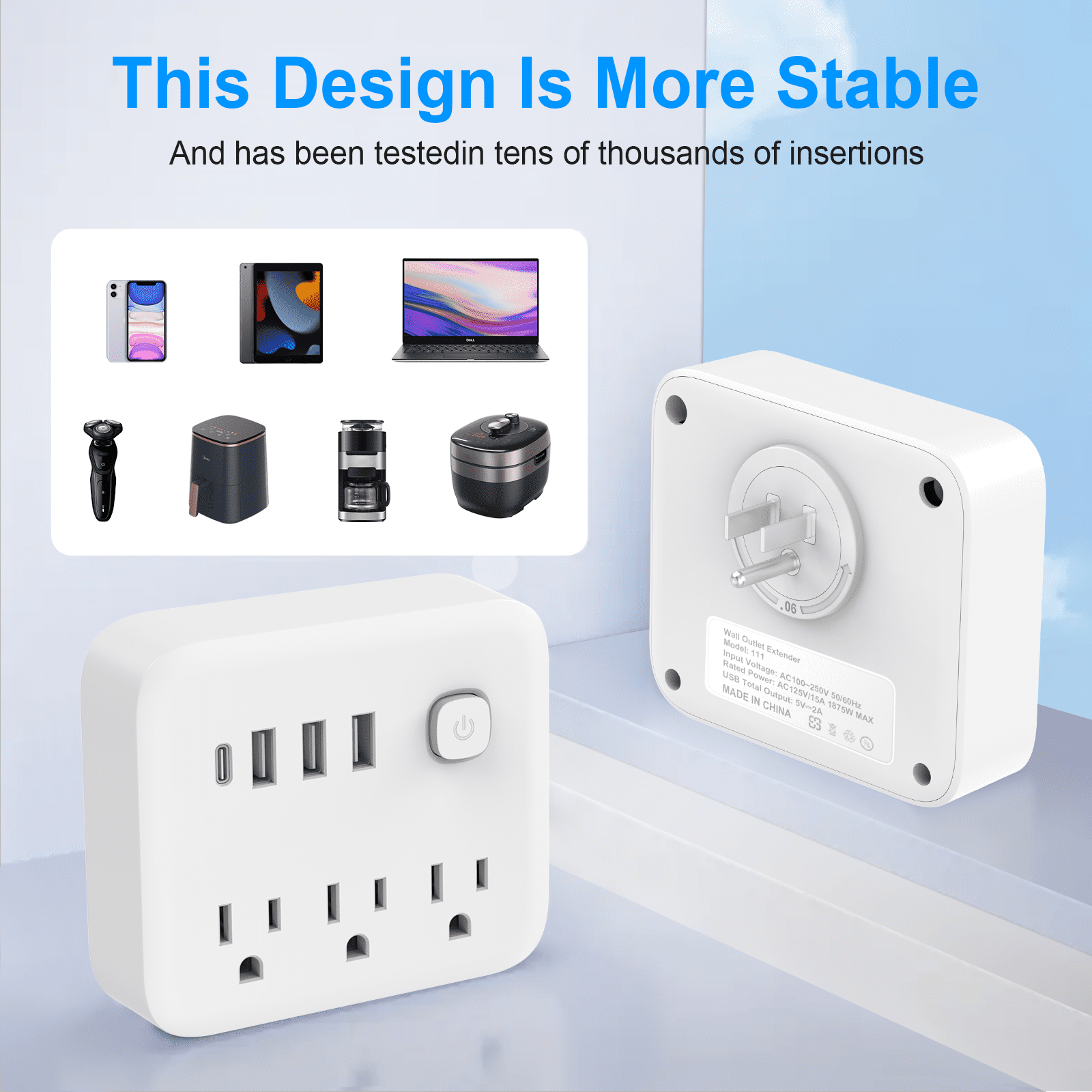 USB Outlet Extender Surge Protector - Multi Plug Outlet with Rotating Plug, 3-Sided Swivel Power Strip with 3 AC Spaced Outlet Splitter and 3 USB Ports (1 USB C) for Travel, Home, Office,ETL（White）