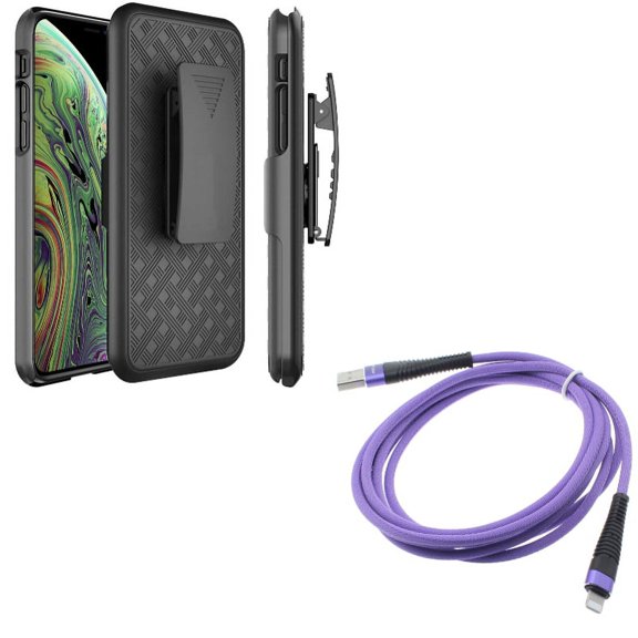 Case Belt Clip w 6ft USB Cable for iPhone XS/X - Holster Swivel Cover Kickstand Armor, Purple Charger Cord Power Wire Braided for iPhone XS/X