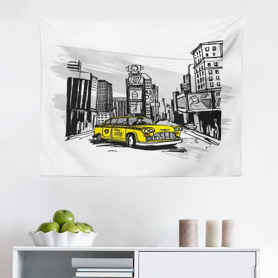 Landscape Tapestry, City at Night Time Twilight Skyline Panoramic View Over Mountaintop Print, Fabric Wall Hanging Decor for Bedroom Living Room Dorm, 2 Sizes, Brown Orange Blue, by Ambesonne