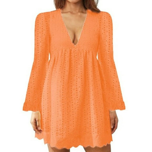 MAWCLOS Ladies Loose Hollow Out Mini Dresses Party Flared Sleeves Short Dress Orange 2XL