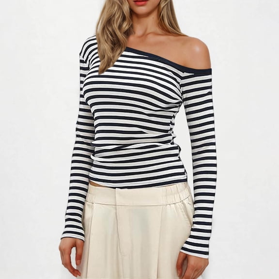 DAFPZW Women One Shoulder Top Striped Long Sleeve Shirts Tight Fitted Going Out Dressy Tops Tees Y2k Outfits