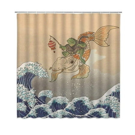 

Funny Shower Curtain Frogs Holding Lantern Sitting on Koi Fish Big Waves