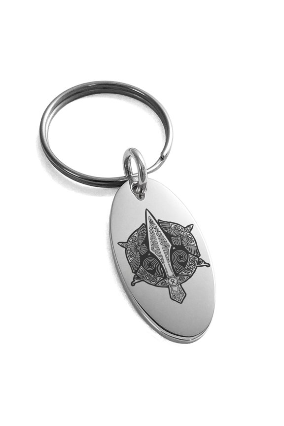 Stainless Steel Gungnir Odin's Spear Viking Norse Engraved Small Oval Charm Keychain Keyring