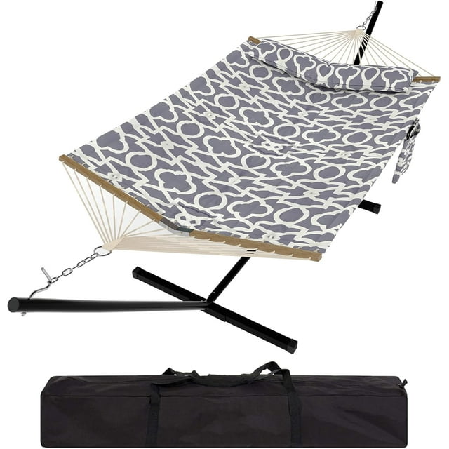 Ensemble de Hamacs pour 2 Personnes à Cadre en Acier avec Support, Capacité Robuste de 450 Lb, Conception en Polyester Matelassé et Filet, Comprend un Sac de Rangement - pour Cour Arrière, Patio, Camping