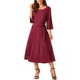 thumbnail image 2 of Vestido midi casual elegante de cuello redondo con campana de 3/4 y cintura ajustable con bolsillos de INSPIRE CHIC, 2 of 6