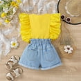 thumbnail image 4 of Odeerbi Kids Girls 2 Piece Outfits Summer Clothes Denim Shorts Set Fashion Casual Short Sleeve Tops Tank Camisoles Round Neck Collar Botton Solid Color Long Pants Sets Yellow, 4 of 9