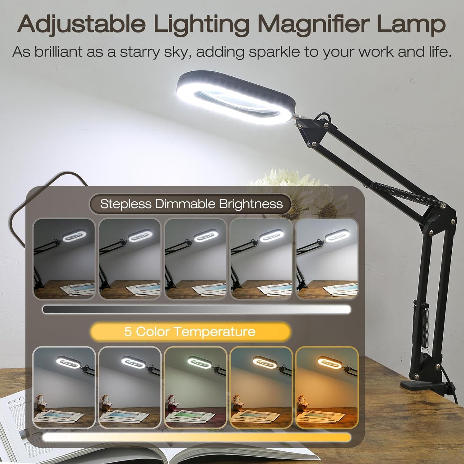 LED Magnifying Desk Lamp with Clamp, Square Real Glass Lens, 5 Color Modes Stepless Dimmable, Hands-Free for Reading Craft Hobby Close Work - Black