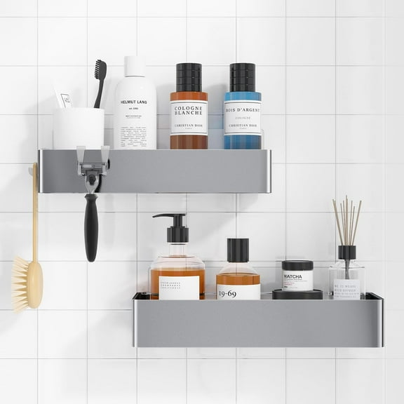 GUCADS-Large Shower Caddy - 2 Pack Adhesive Shower Organizer, Rustproof Metal Shelves, No-Drill Bathroom Organizers and Storage, Silver Grey