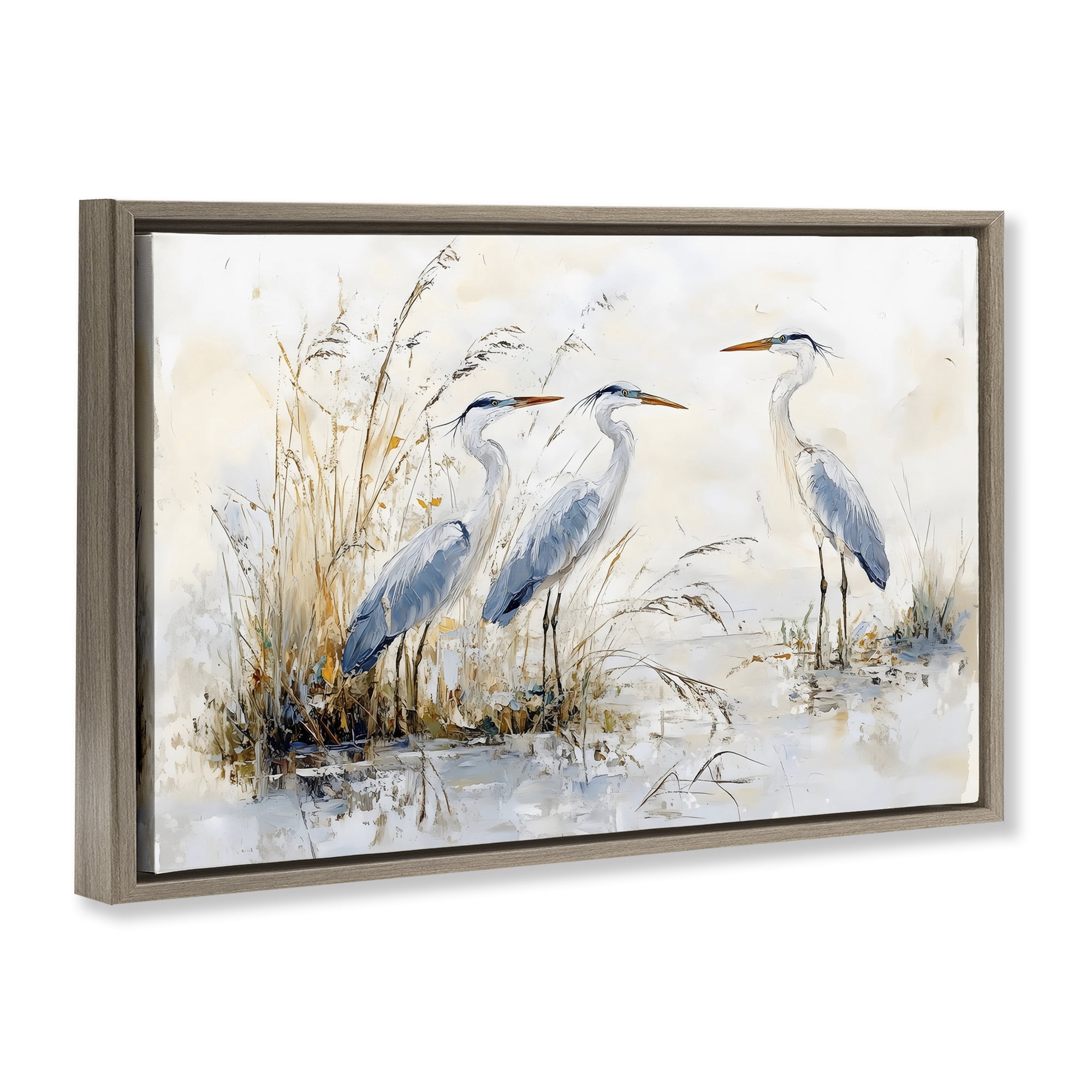 Stupell Industries Blue Heron Trio in Wetlands Brown Framed Floater Canvas Wall Art, design by LSR Design Studio