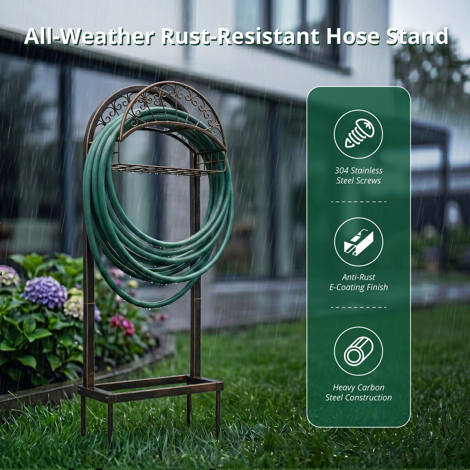 Heavy-Duty Garden Hose Holder with Sturdy Base and Storage Basket