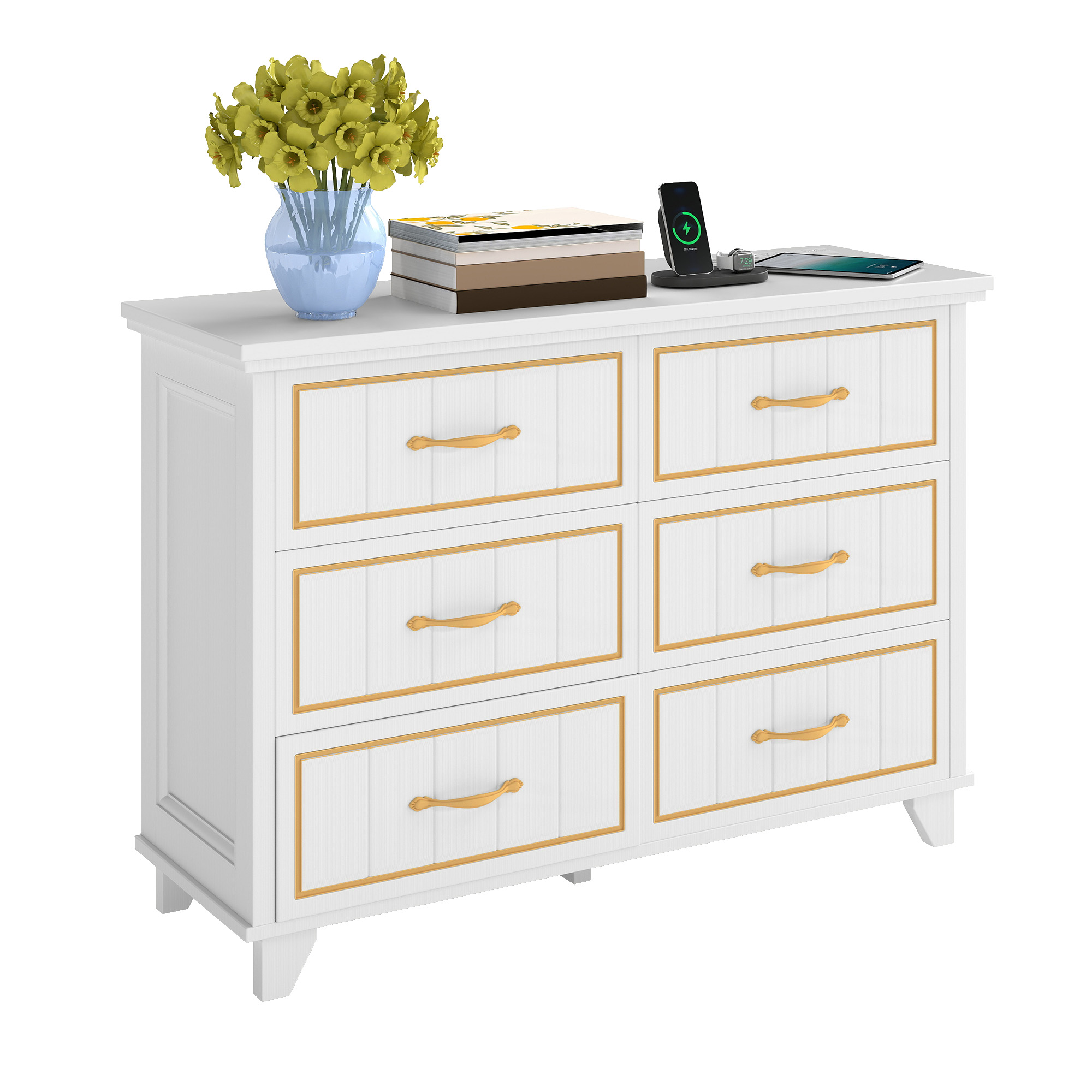 Uforic 6-Drawer Dresser with Power Strip, Gold Strips & Metal Handles, Storage Chest, White