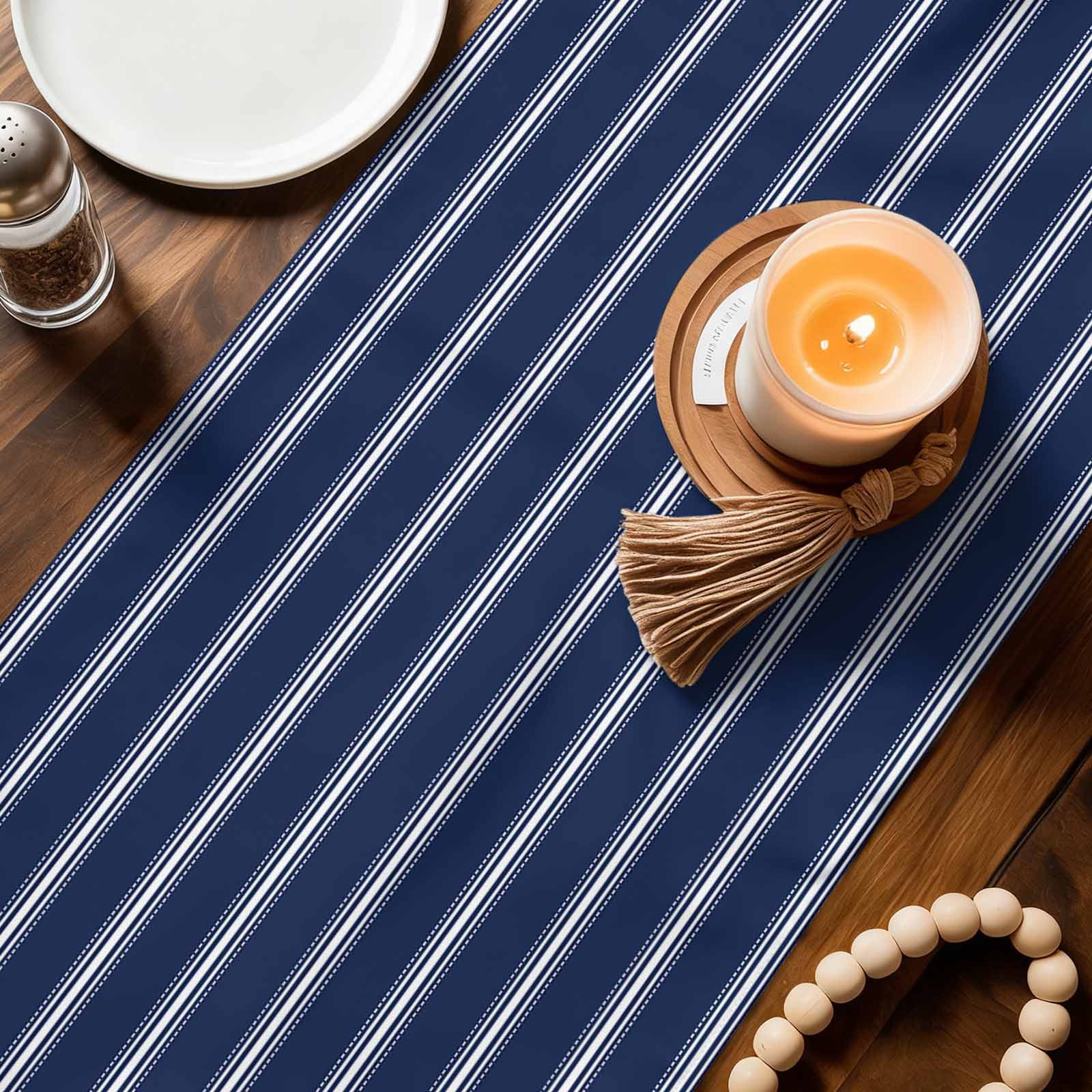 Navy Blue Striped Table Runner, Navy Blue White Farmhouse Stripes Washable Cotton Linen Table Runners 60 Inches Long, Dresser Scarf Runner for Coffee/TV Stands/Kitchen/Cabinets 13''x60''