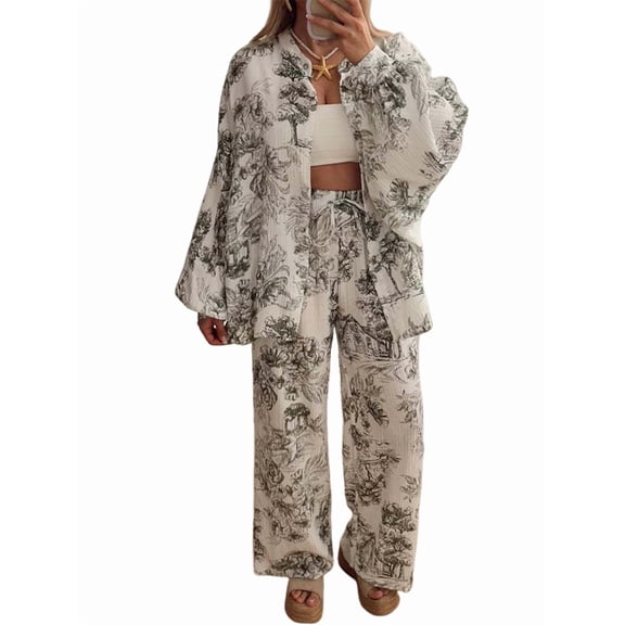 Women 2 Piece Outfits Sets Dressy Shirt Wide Leg Drawstring Pants Sets Dark Gray S