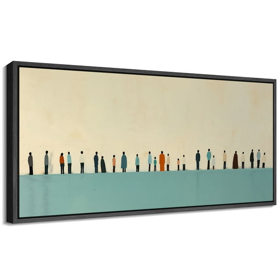 Large Framed Canvas Print People Standing in Line Overlooking Wall Art Decorative Ready to Hang Painting for Living room Bedroom - 60"x30" Black Frame