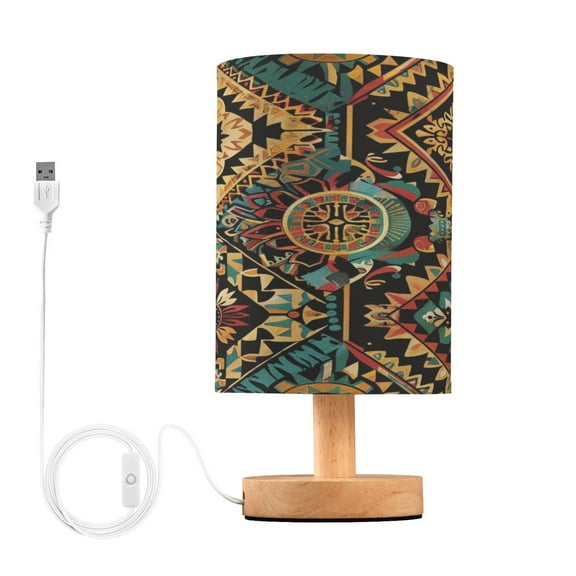 Bohemia Tribal Ethnic Bedside Table Lamp Desk Warm Lights with USB Charging Port Cylinder LED Lamps for Bedroom Living Room Office