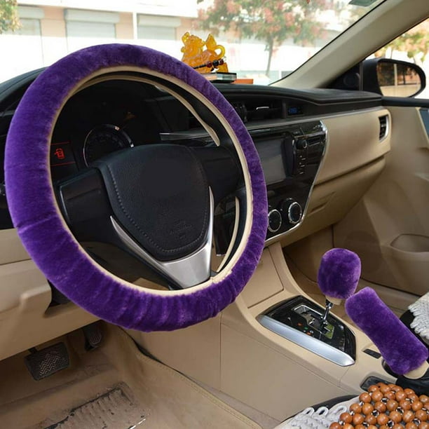 3Pcs/Set Soft Fluffy Car Winter Steering Wheel Cover, Stretch On