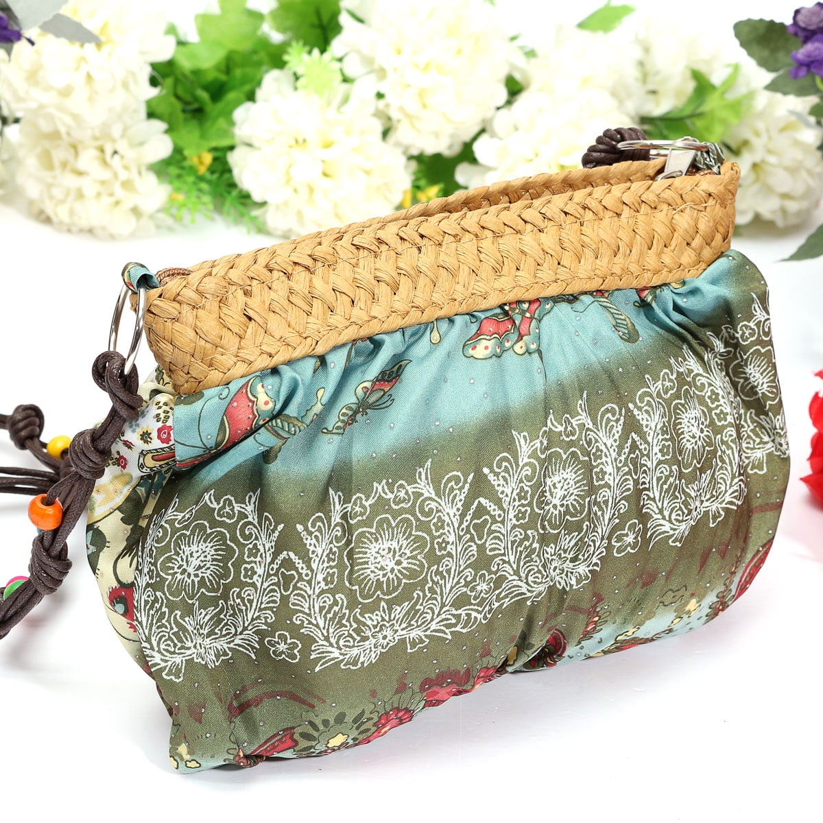 Boho Bohemia Exotic Floral Straw Weave Strap Cloth Handbag Beach Messenger Bag