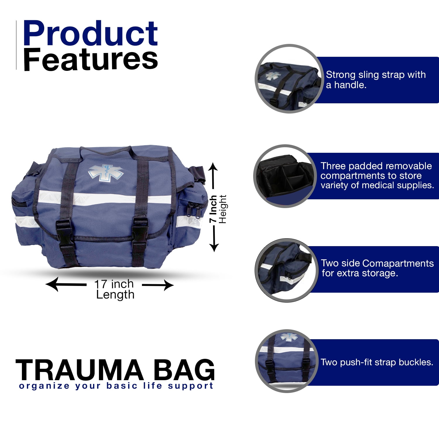 Primacare KB-RO74-BWM First Responder Bag for Trauma, Professional Multiple Compartment Kit Carrier for Emergency Medical Supplies, Blue, 16 x 12.7 x 3.3 inches