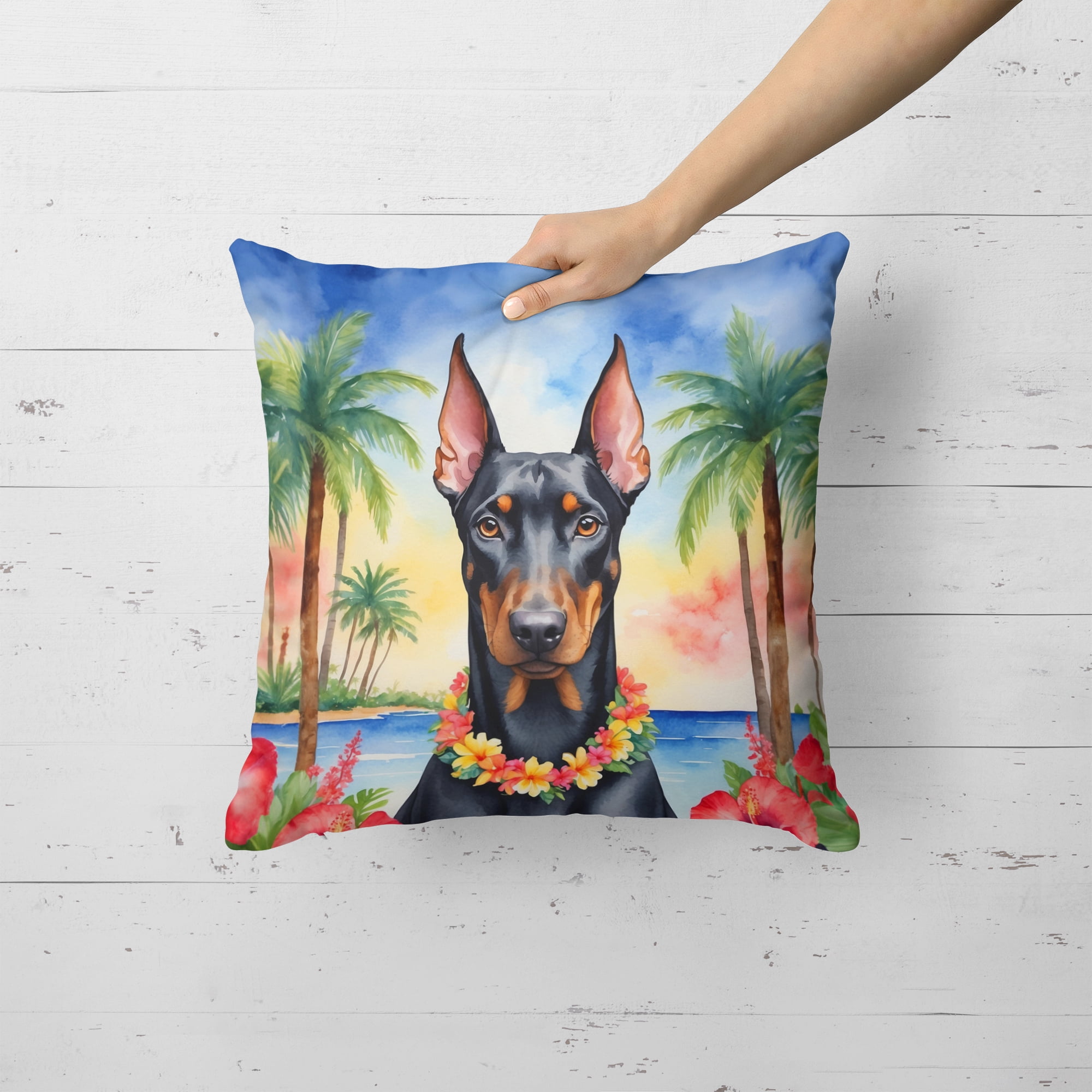 Doberman Pinscher Luau Throw Pillow 18 in x 18 in