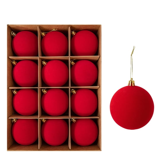 12 Pcs, Velvet Christmas Ornaments Red Christmas Ornaments 3 Inch Christmas Tree Ornaments Set Soft Flocked Christmas Balls for Holiday Christmas Tree Decor Home Party Decor,