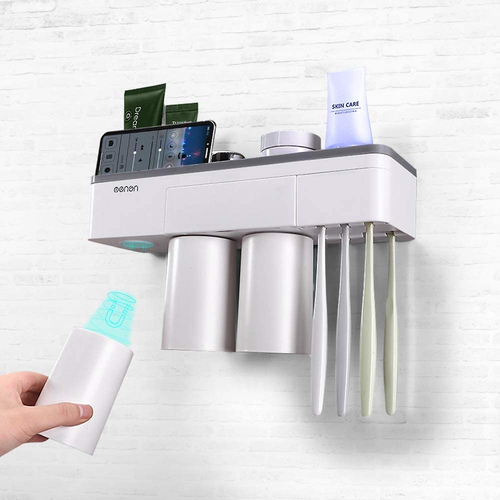 LIANTRAL Toothbrush Holder with Germ Protecting Cover and Multifunctional Bathroom Organizer Suction Pad Wall Mount for Bathroom
